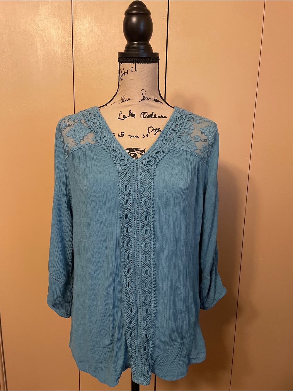 JohnPaulRichard Dusty Blue Lace-Accent V-Neck Tunic
